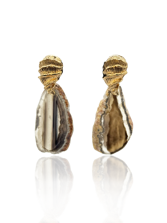 statement earrings with agate gemstone and golden shell tops