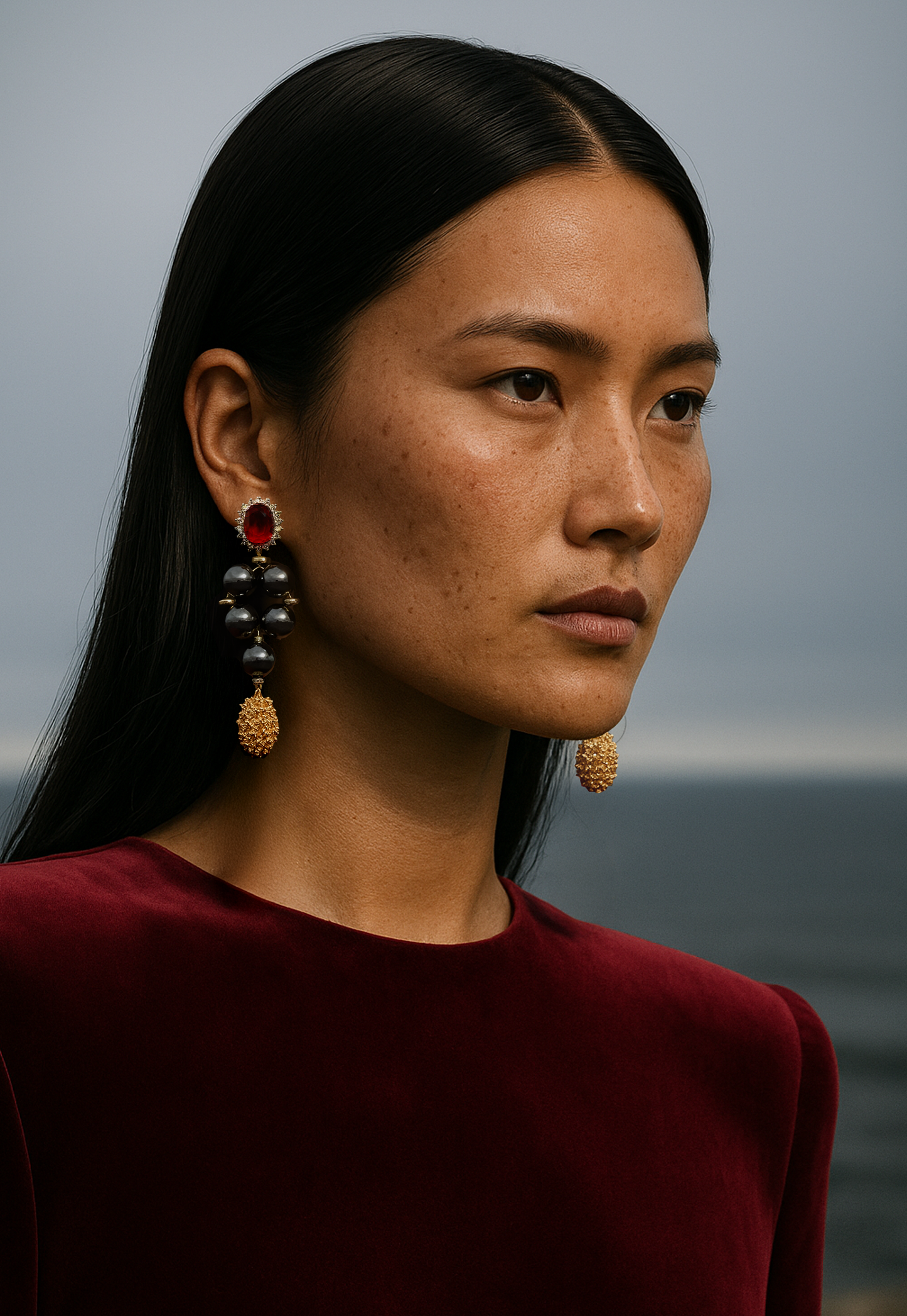 Hematite Statement Earrings with Red Zircon Tops