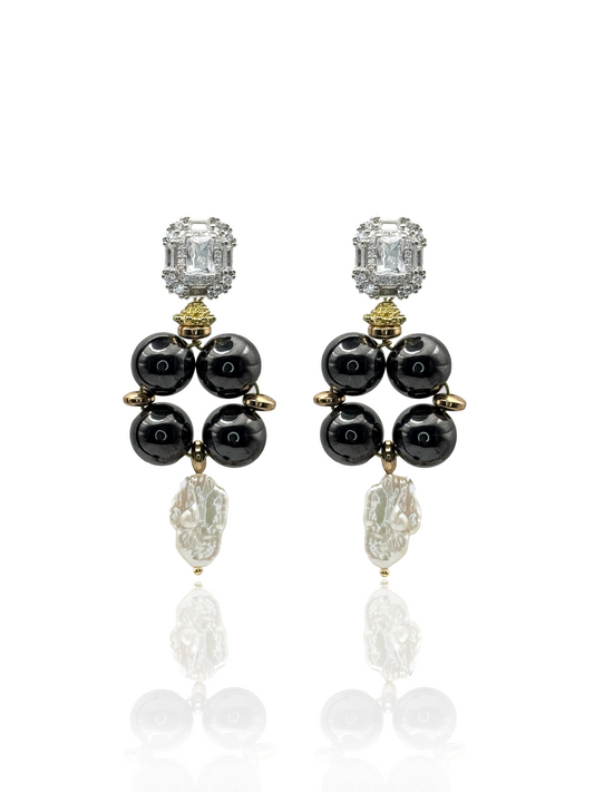 Hematite Drop Earrings with Pearls and Zirconia Tops