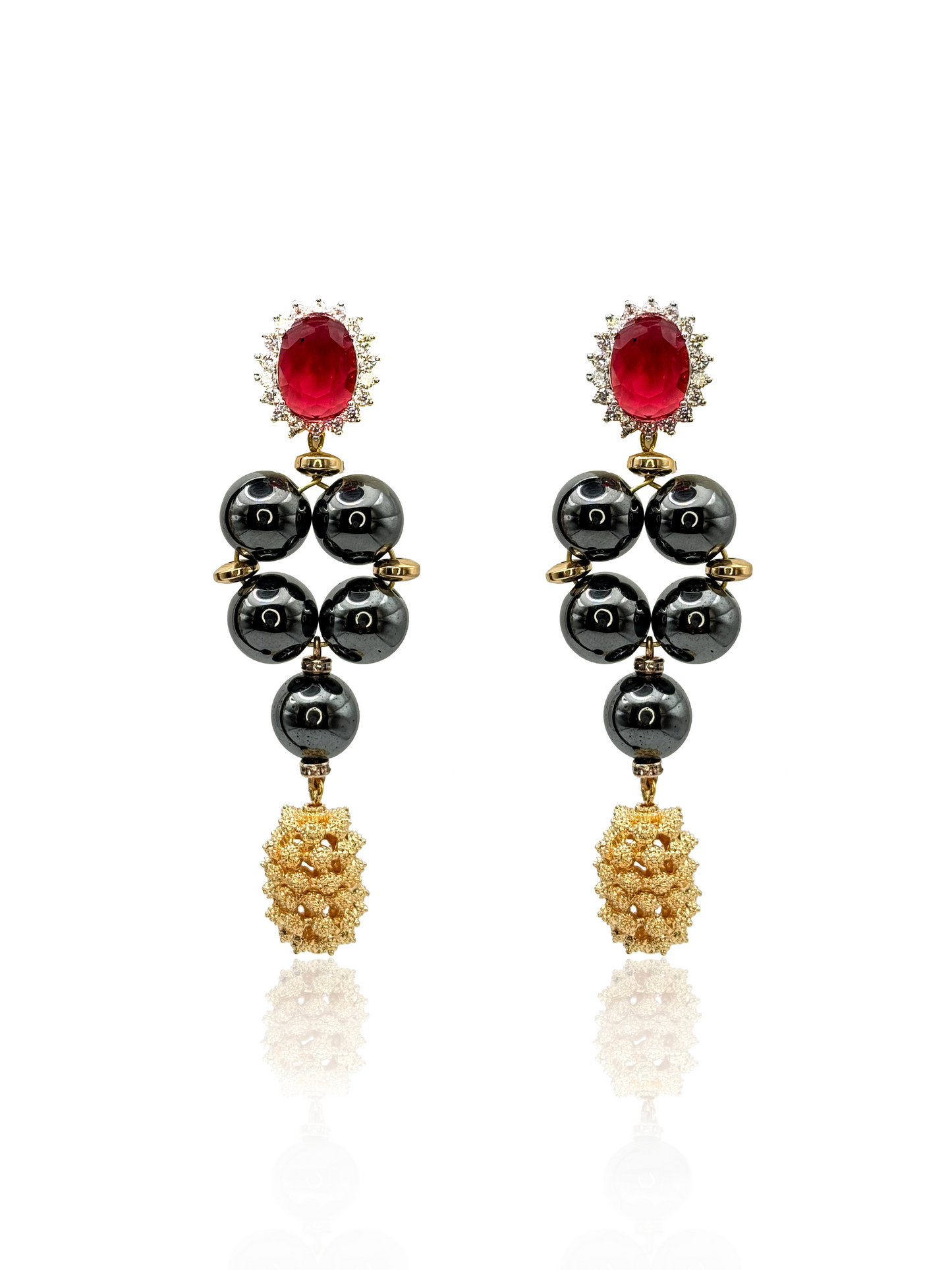 Hematite Statement Earrings with Red Zircon Tops