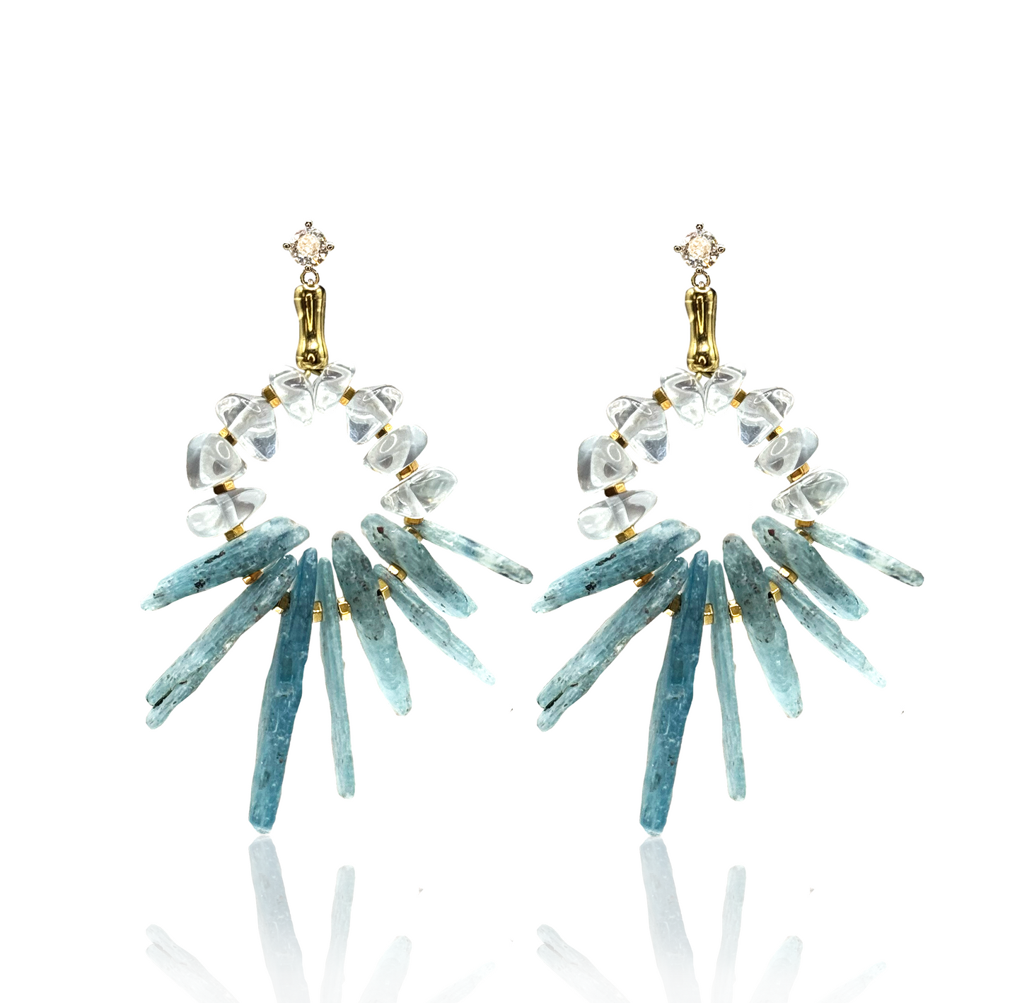Blue Kyanite Statement Boho Earrings with Clear Quartz & Gold Hematite