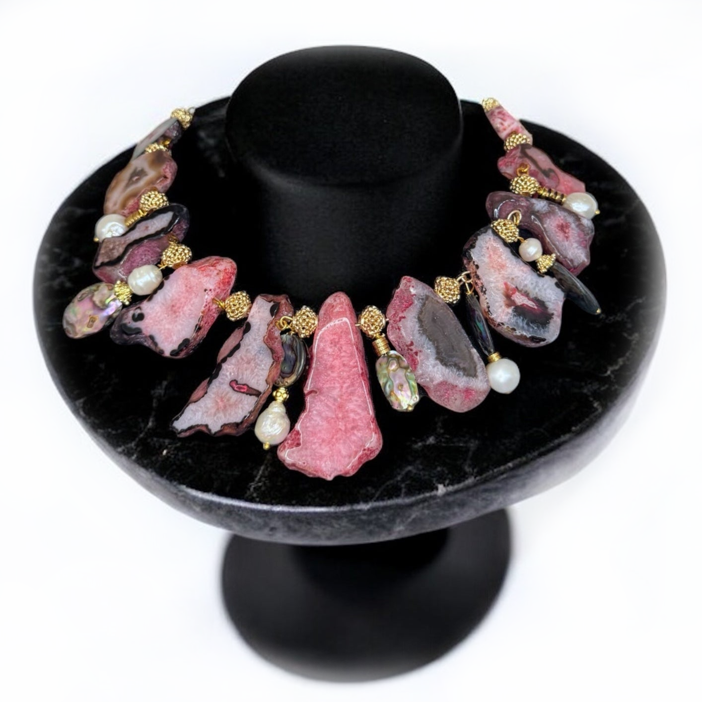 Unique Pink Statement Necklace With Agate Gemstone & Pearls