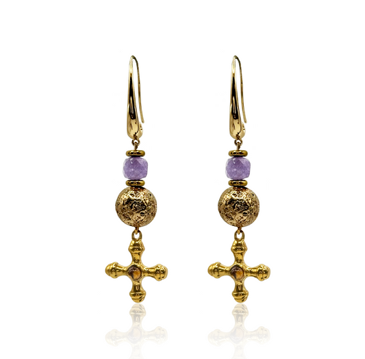 Boho Statement Earrings with Tiger Eye Golden Crosses