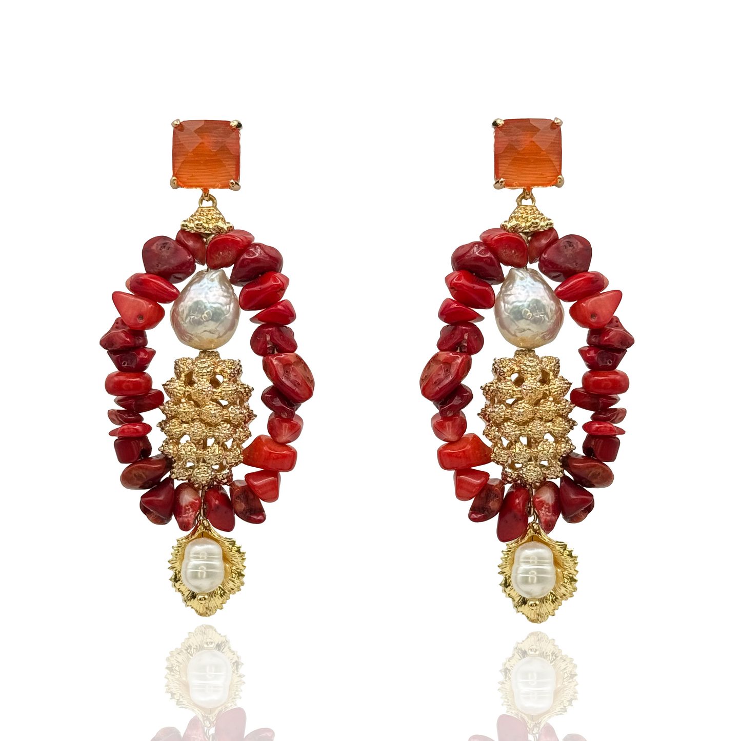 red_coral_drop_earrings_with_pearl_and_gemstone_tops_