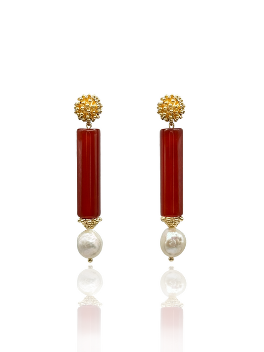 Red Agate Gemstone Pearl Drop Earrings