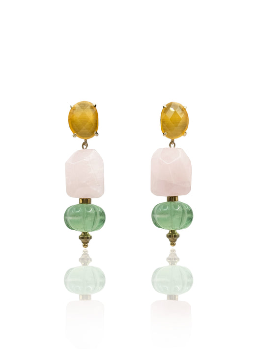 Carved Fluorite  and Rose Quartz Drop Earrings With Yellow Gemstone Tops