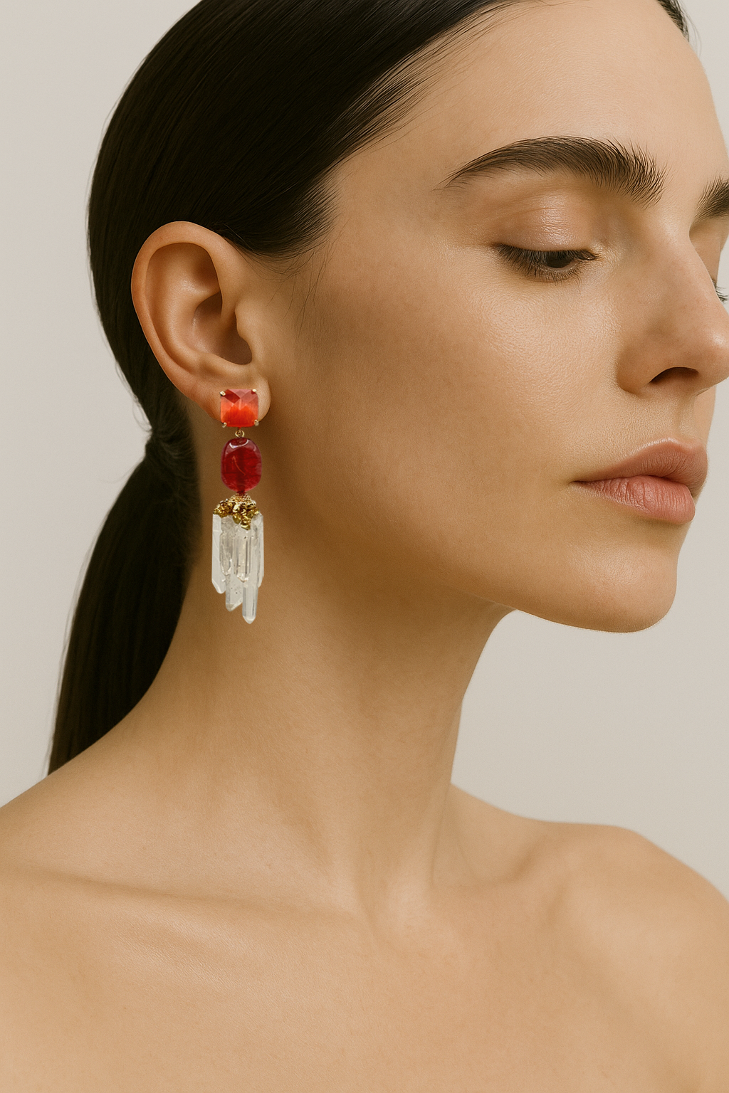 Crystal Quartz Drop Earrings With Red Carnelian Gemstone