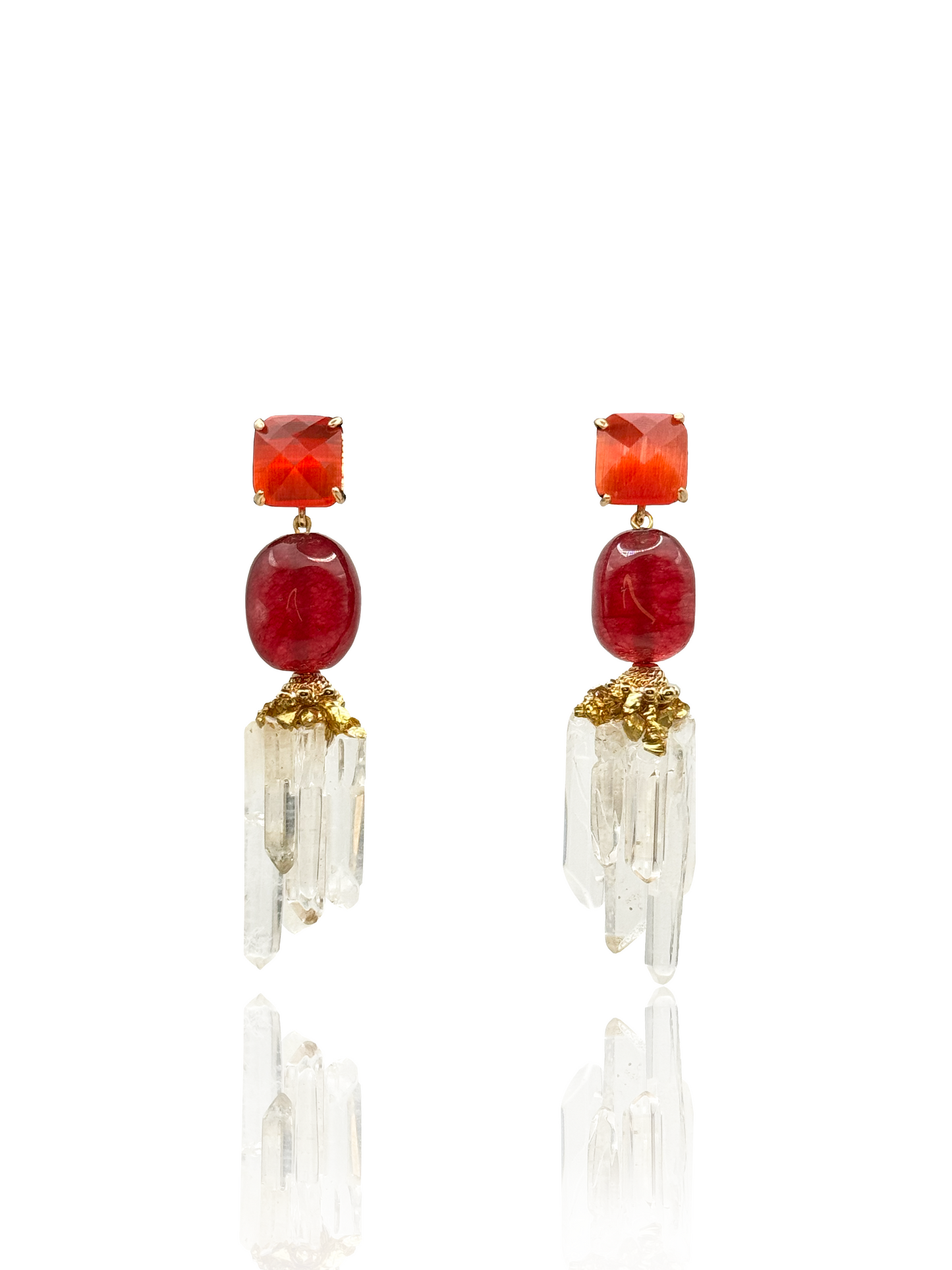 Crystal Quartz Drop Earrings With Red Carnelian Gemstone