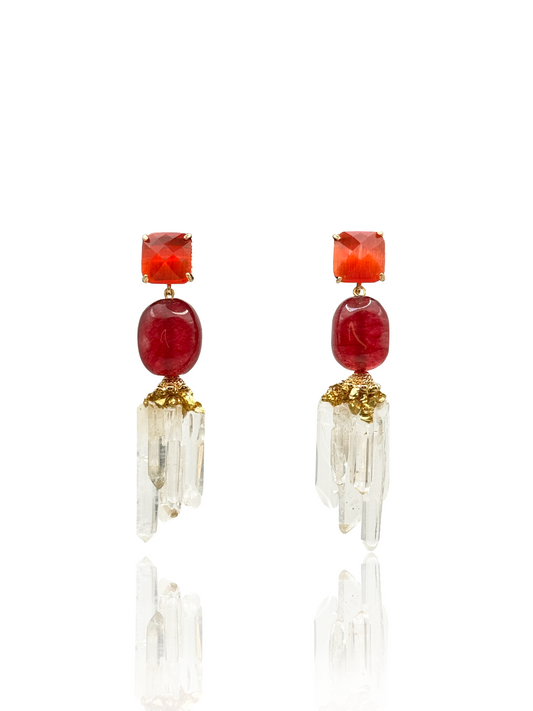 Crystal Quartz Drop Earrings With Red Carnelian Gemstone