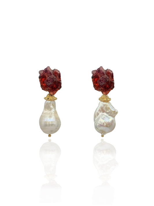Garnet Gemstone Earrings With Baroque Pearls