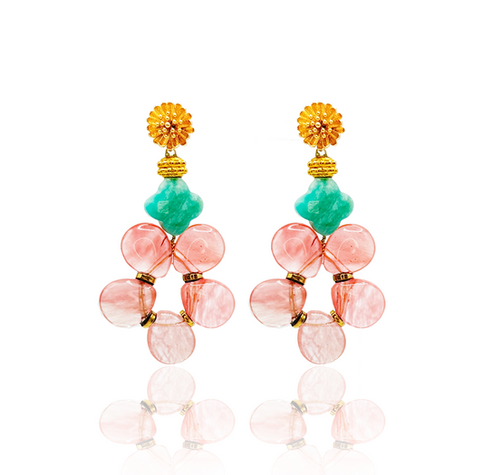 Gemstone Earrings with Watermelon Quartz, Gold-plated hematite & faceted amazonite.