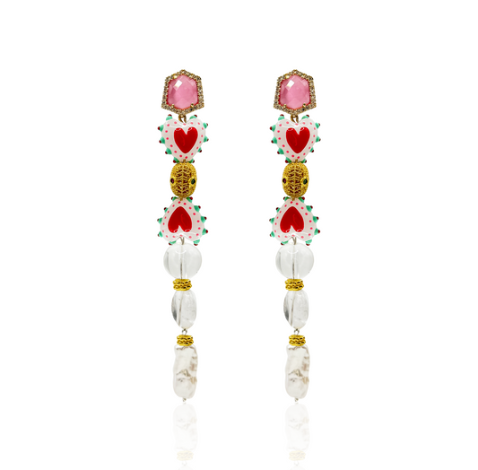 Gemstone Dangle Earrings with Pearls, Crystal Quartz, Handcrafted Ceramic and Gold-Plated Beads