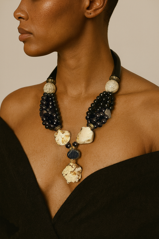 howlite and hematite gemstone statement necklace