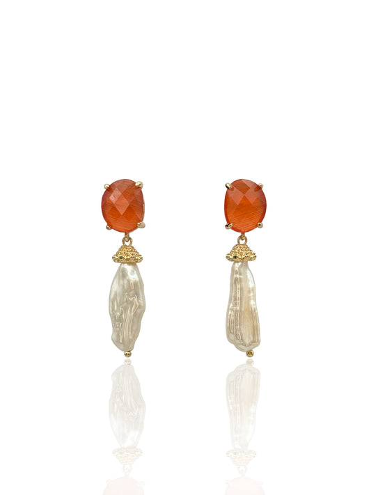 Pearl Drop Earrings with Red Gemstone Tops
