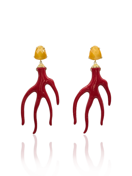 Red Coral Drop Earrings with Yellow Gemstone Tops