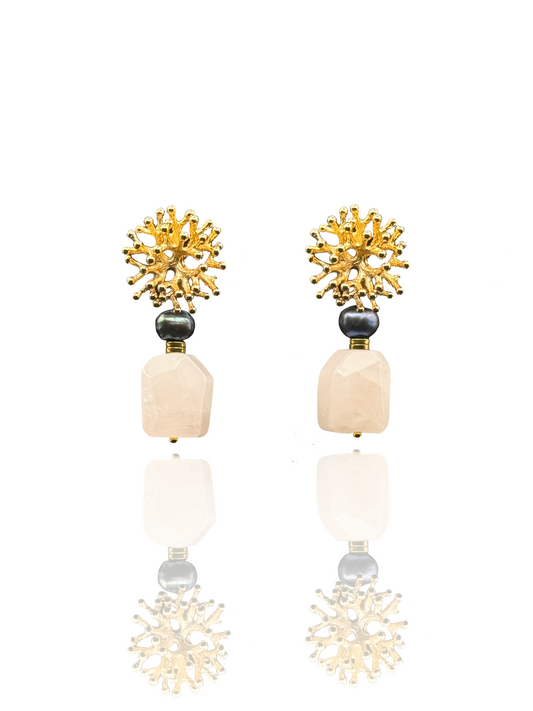 Rose Quartz Earrings with Tahitian Pearls