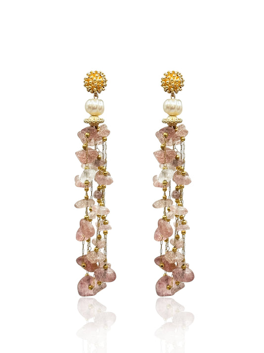 Rose Quartz Drop Earrings With Pearls