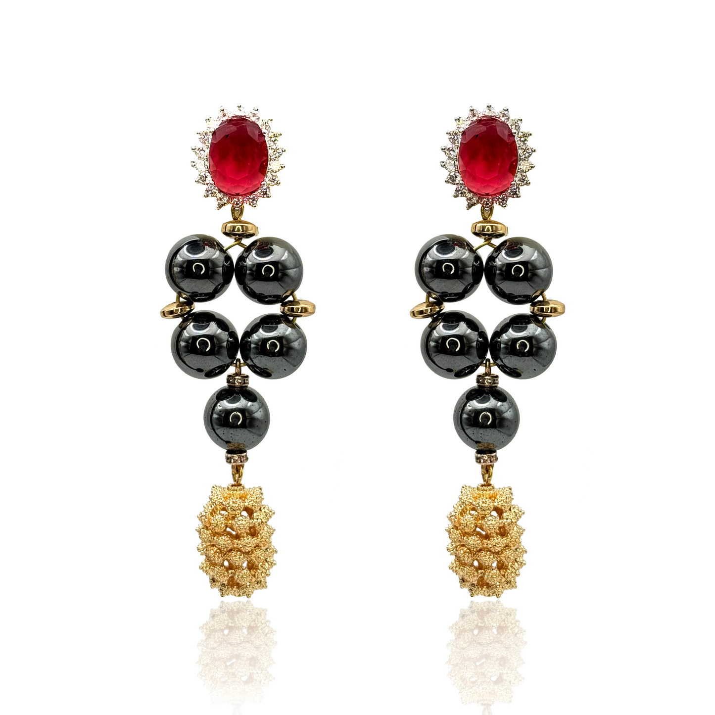 black-hematite-gemstone-earrings-with-golden-beads-and-red-top