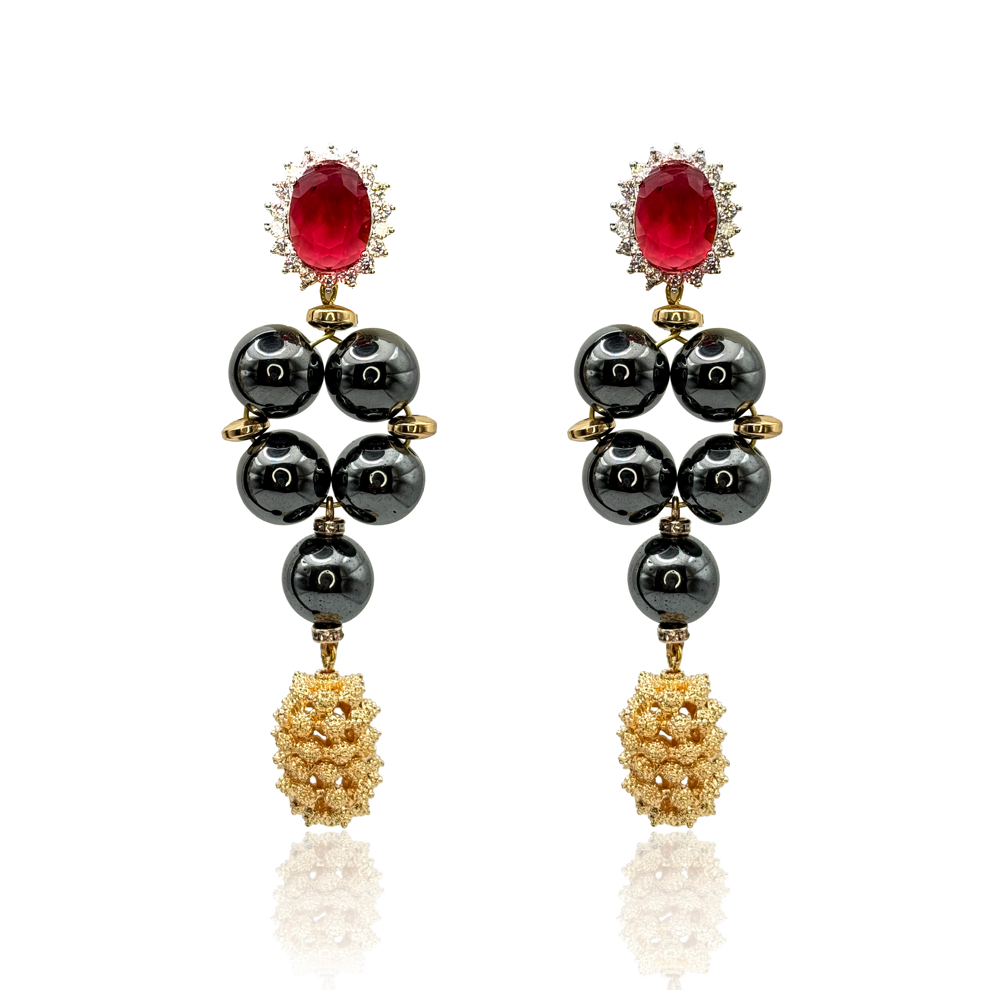 black-hematite-gemstone-earrings-with-golden-beads-and-red-top
