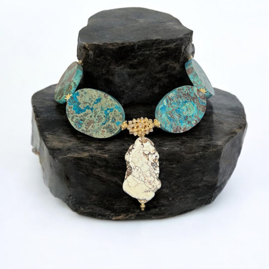 statement necklace with blue and white gemstones