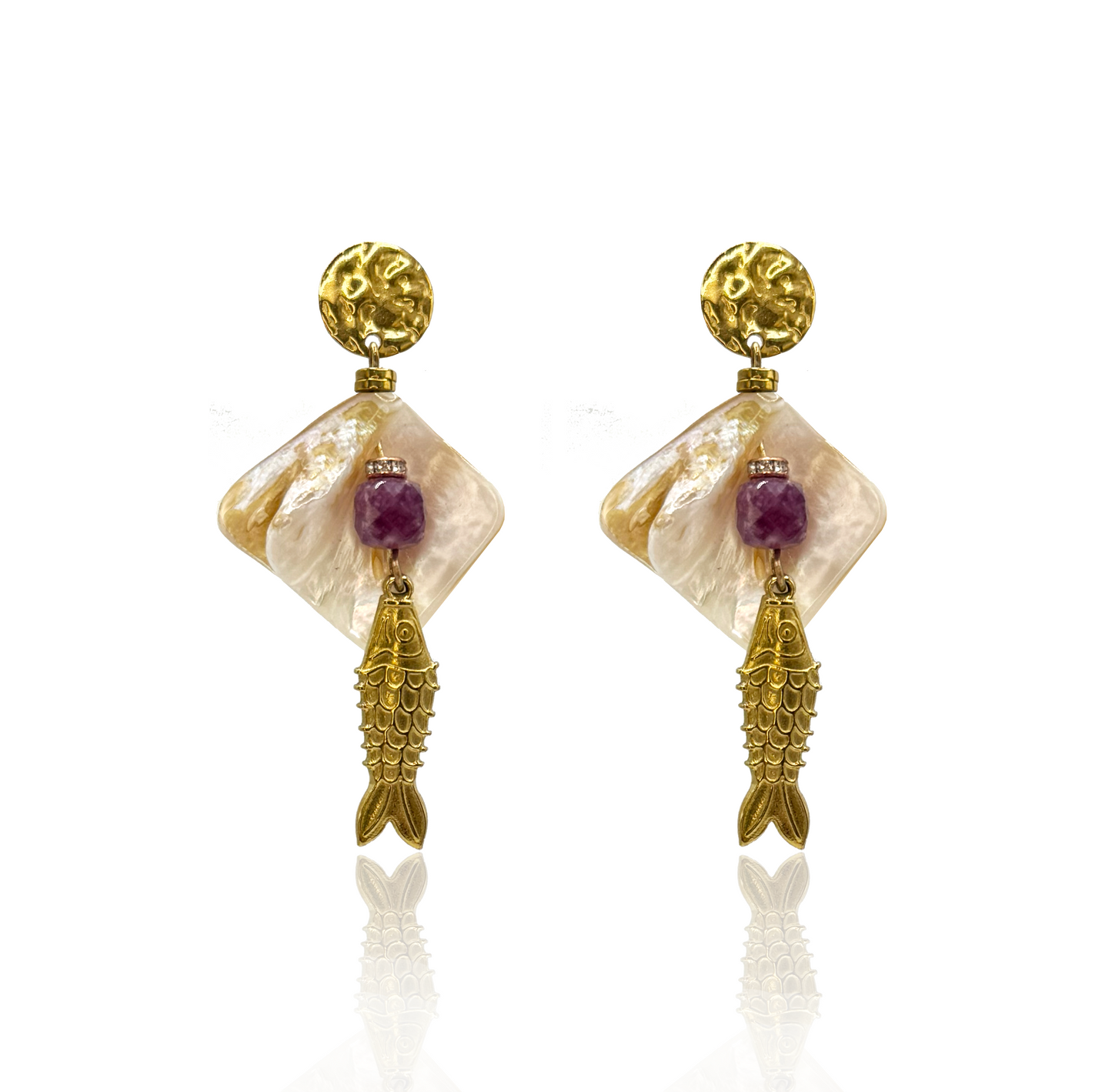 Golden Fish Boho Earrings With Faceted Amethyst