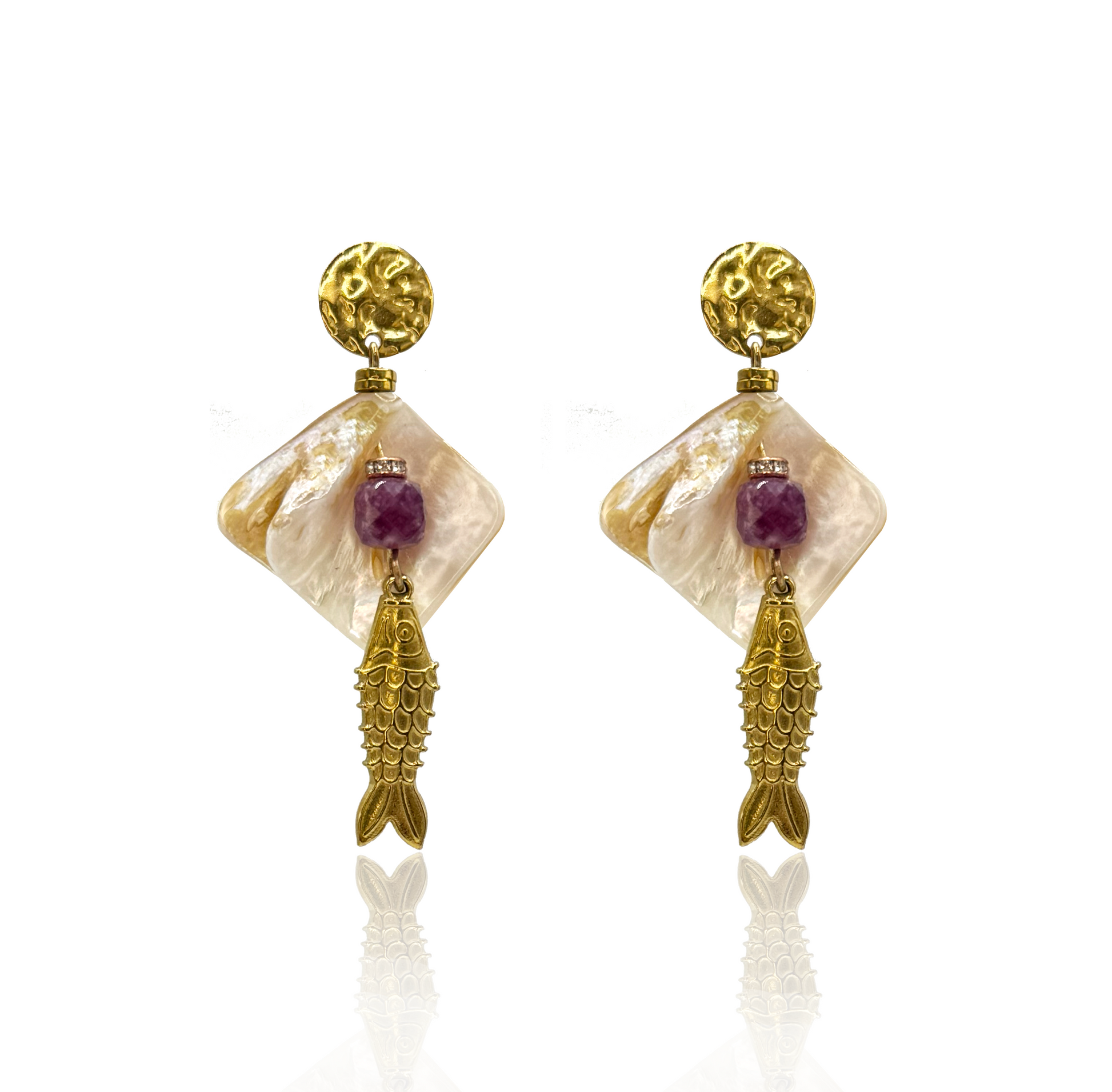Golden Fish Boho Earrings With Faceted Amethyst