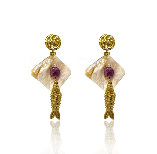 Golden Fish Boho Earrings With Faceted Amethyst