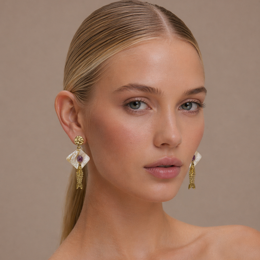 Golden Fish Boho Earrings With Faceted Amethyst