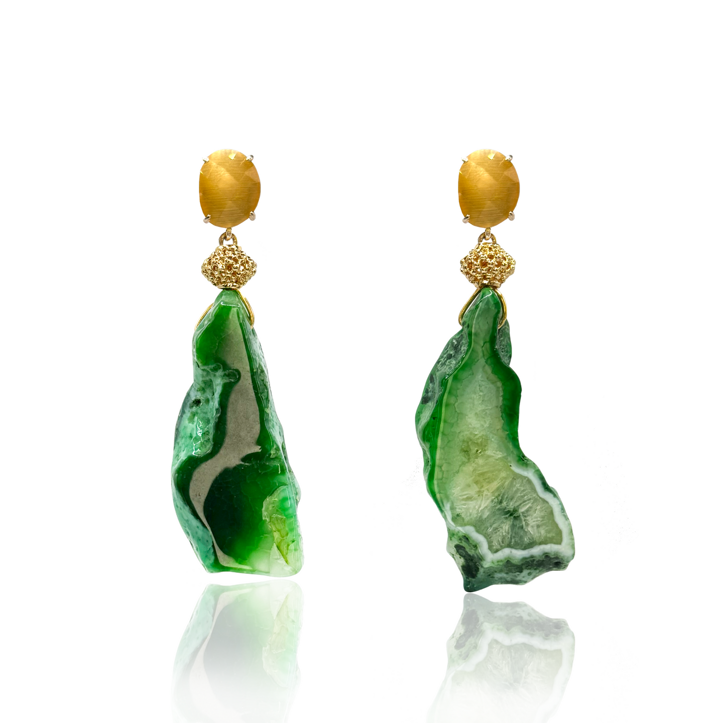 Green Agate Slab & Cat's Eye Drop Earrings