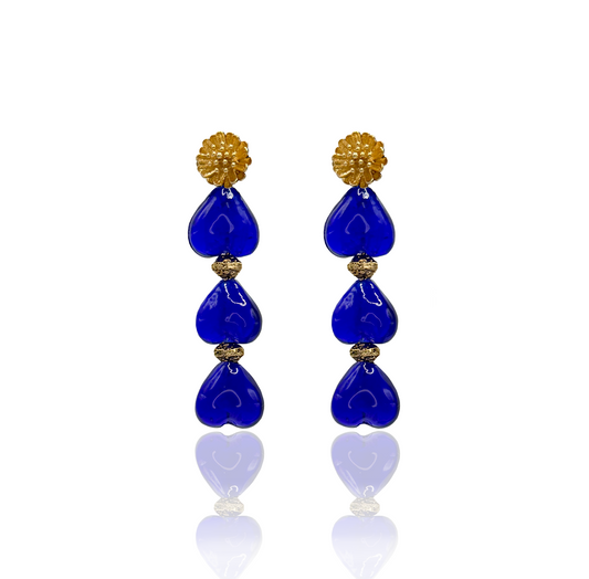 Blue Spades Murano Glass statement Earrings with golden flowers boho style summer earrings 2026 