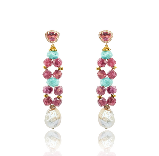 Faceted Amethyst & Amazonite Statement Earrings | Baroque Pearl Drop