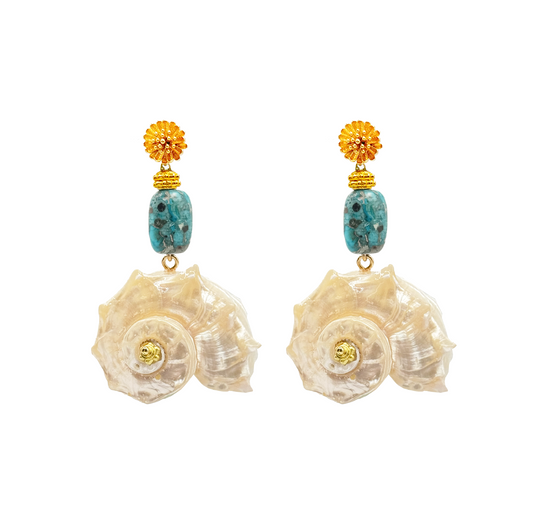 Thalora Statement summer beach earrings with shell, golden tops and turquoise bead. Tulum, Ibiza holiday earrings