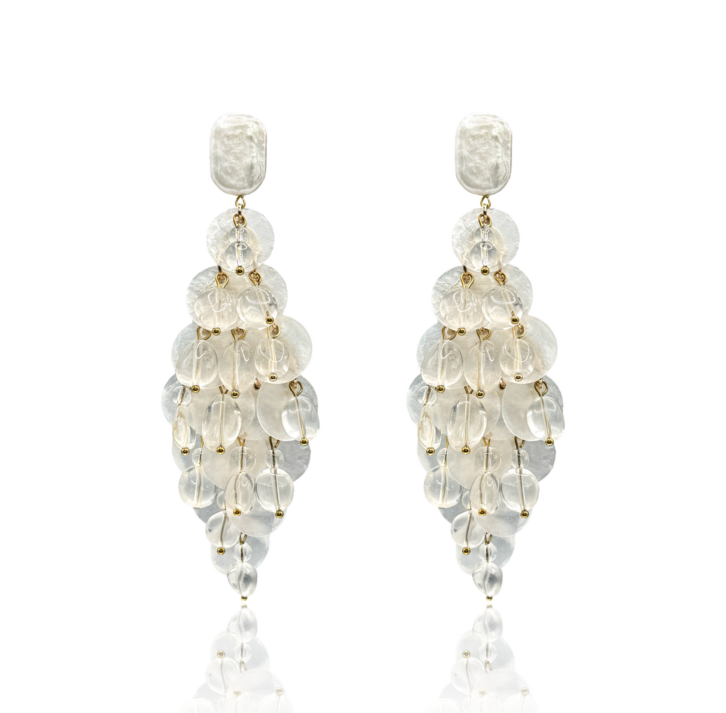 Mother of Pearl & Crystal Quartz Chandelier Boho Statement Earrings