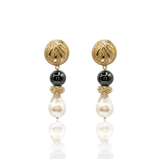 Hematite Gemstone & Pearl Statement Earrings