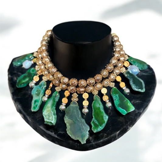 Forest Nymph Statement Boho Necklace with Agate & Gold-Plated Hematite Gemstone